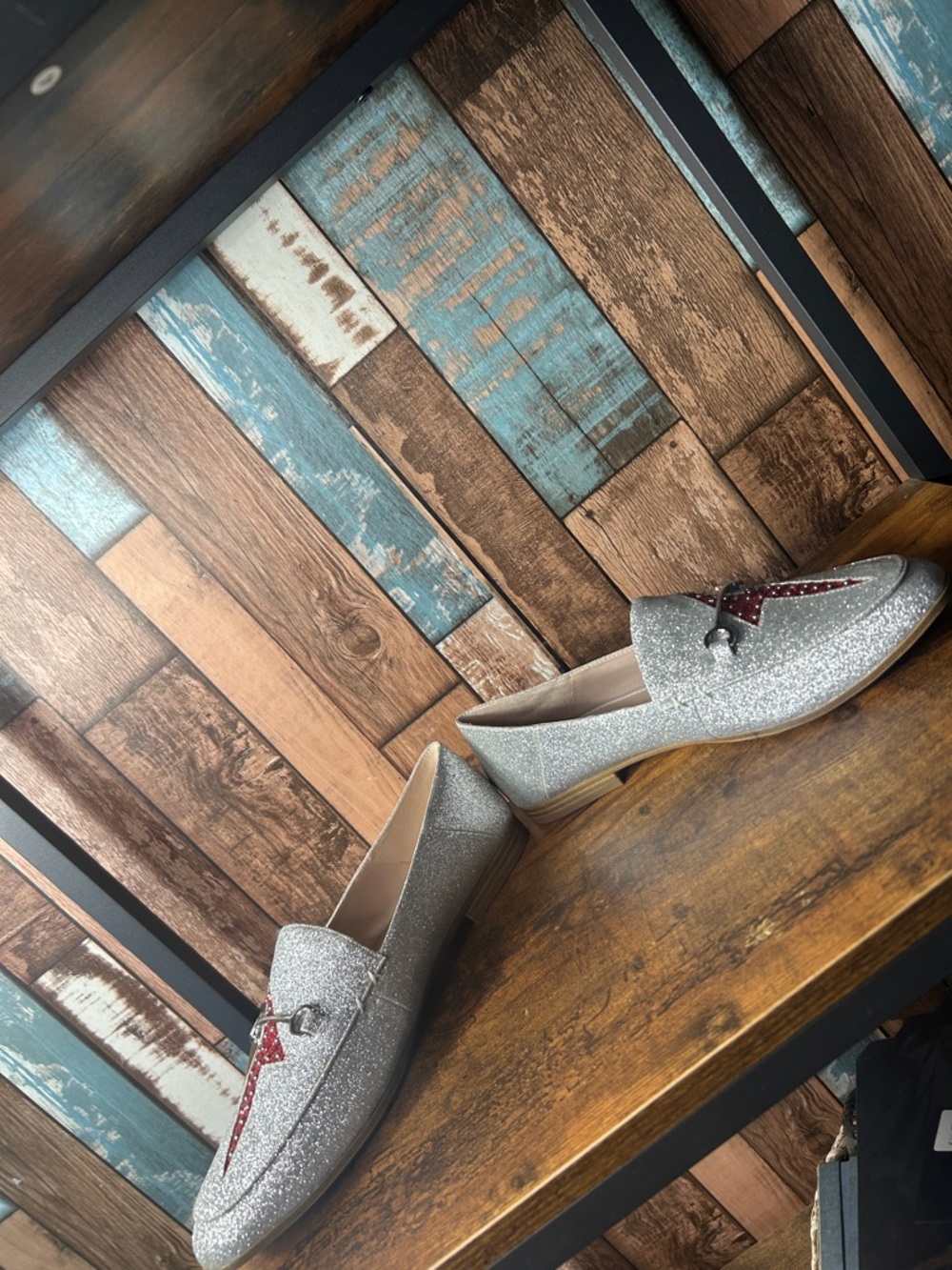 Nine West Silver Glitter Slip-On Loafers with Red Lightning Detail - Picture 8 of 16